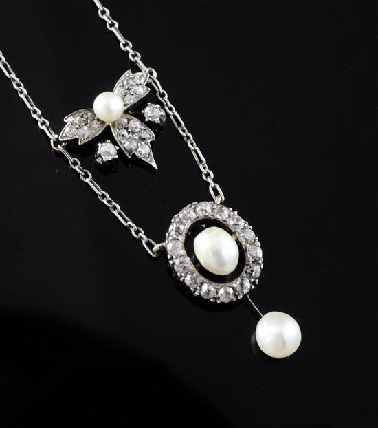 An Edwardian gold and silver, diamond and cultured? pearl drop necklace, pendant section 42mm.